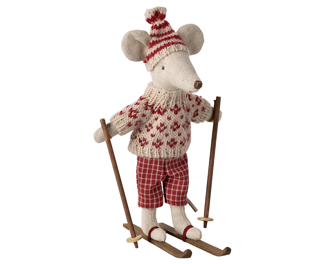 Maileg Winter mouse with ski set, Mum - Red